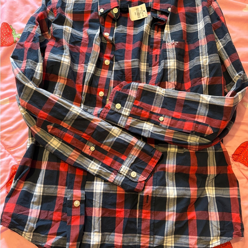 NWT Men's Hollister Co Red and Blue Plaid Button Down Shirt